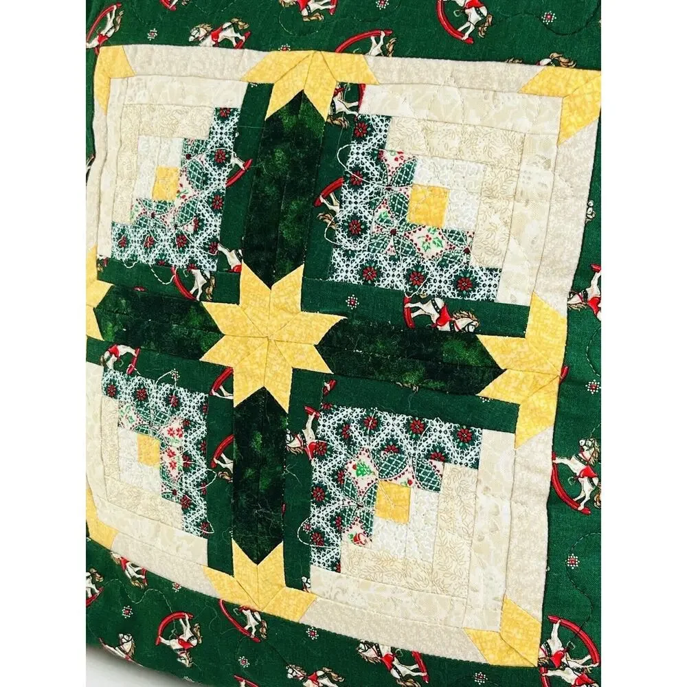 Vintge Christmas Quilted Decor Pillow Red Green Yellow 14x14 Rocking Horse Star